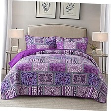 Cotton Bedspread Quilt Sets-Reversible Patchwork King Purple Classic Bohemian