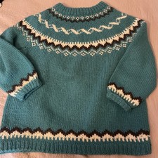 Vintage Hand Knit Chunky Sweater Turquoise Fair Isle Sz XL Apres Ski Nordic