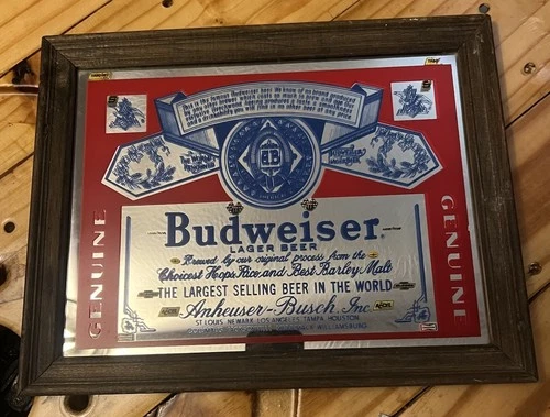 Vintage Budweiser Mirror- Beer Wood Framed Bar Man Cave Sign