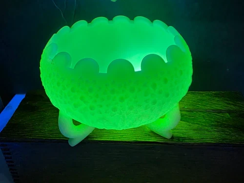 VINTAGE FENTON ART GLASS CUSTARD GLASS ORANGE TREE 3 FOOT ROSE BOWL URANIUM GLOW