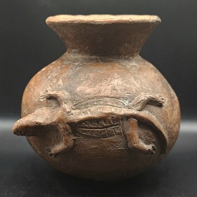 A Pre-Columbian Style Terracotta Vessel or Effigy Pot Featuring a Lizard, Clay