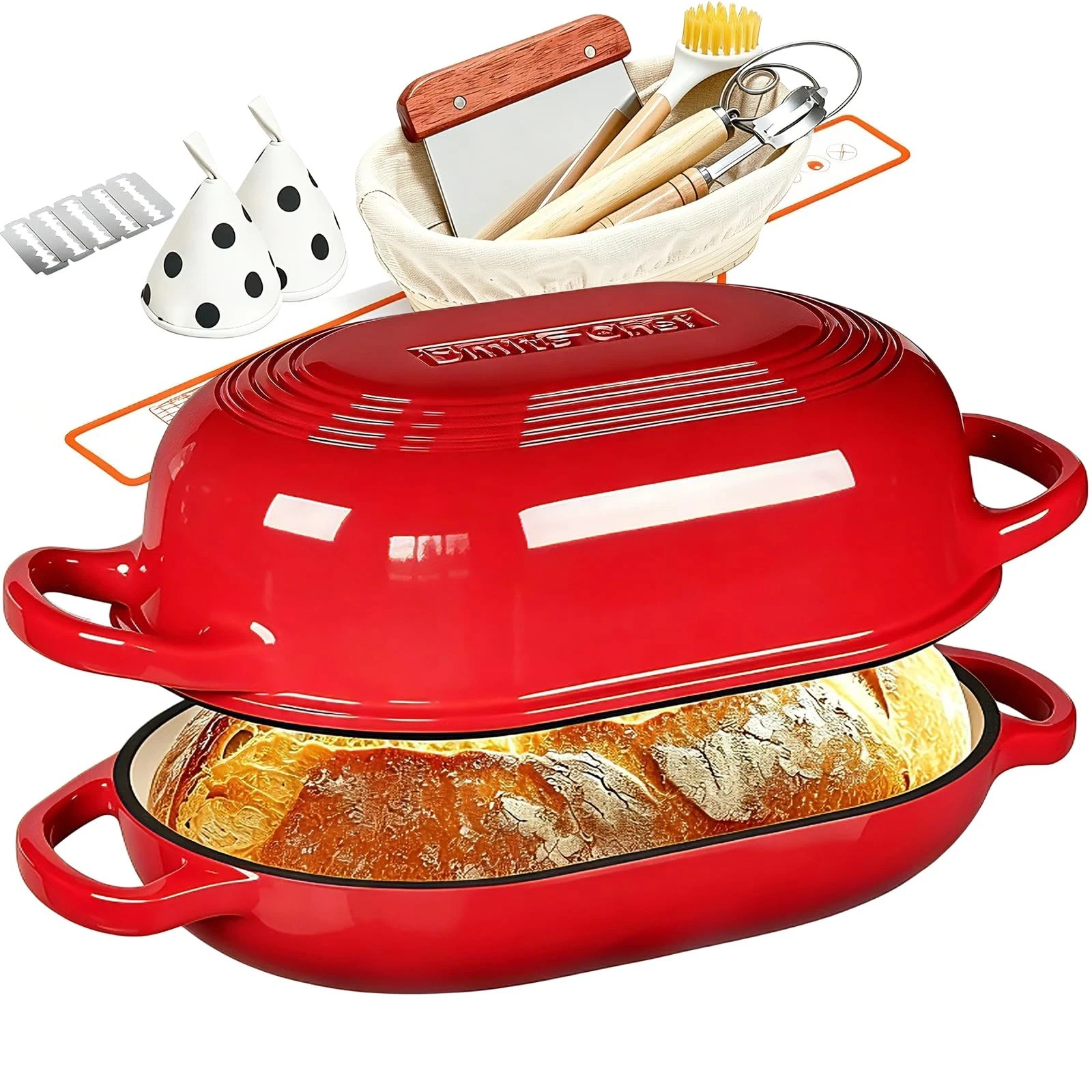 Iron Cast Dutch Oven 5qt Sourdough Bread Baking Red Lid Enameled incl. Supplies