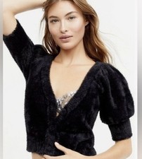 For Love And Lemons Fiona Puff Sleeved Fuzz Cropped Cardigan Black Sz Small