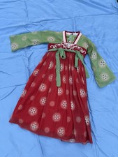 Girls Hanfu Dress Green  Red Floral Waist Ribbon Size 120