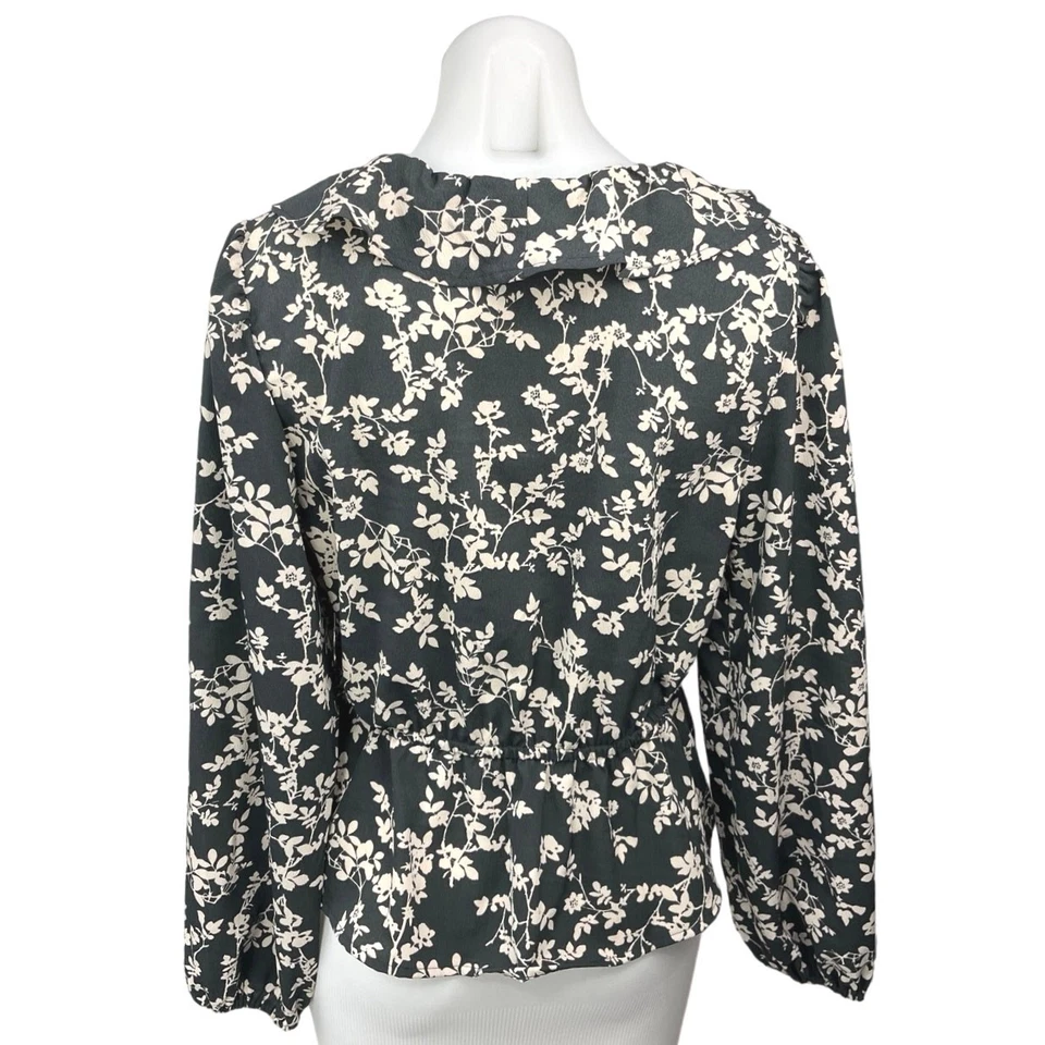 Blusa Top Antigua Azul Marino Negra Marfil Floral Cuello Atado Cuello en V Volantes Manga Larga Talla M Foto 4 de 4