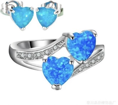 Stunning Sea Blue Fire Opal CZ Double Heart Ring Size 10 & 925SS Earrings Set