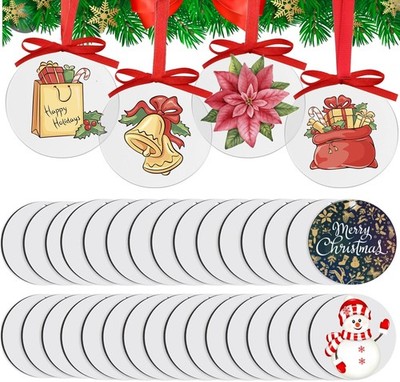 30 Pack Sublimation Ornament Blanks, 3'' Round Sublimation Christmas Ornament Bla