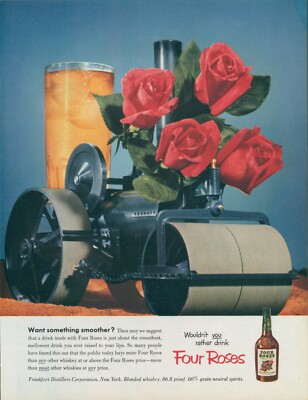 1952 Four Roses Steamroller Smooth Mellow Whiskey Vtg Print Ad C16