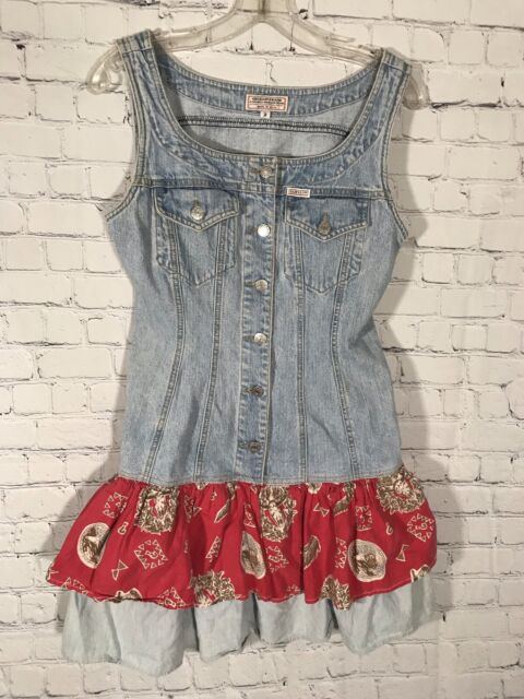 Vintage 80s USA MADE Guess Georges Marciano Design Denim Dress Cowgirl Ruffle S