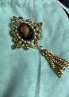 Vintage Florenza Root Beer Stag Glass Cameo Brooch With Tassel Signed