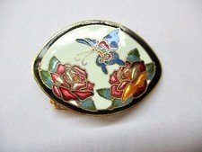 Cloisonn  Oval Belt Buckle Vintage 1980's White/Blk Red Roses Blue Butterfly NOS