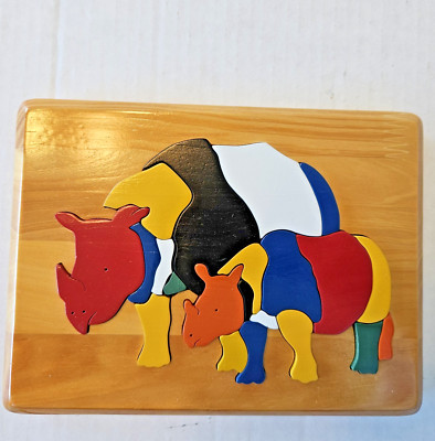 Wood Puzzle Rhinoceros Rhino Mother and Baby Hand Made 21 piece 8x6 inch