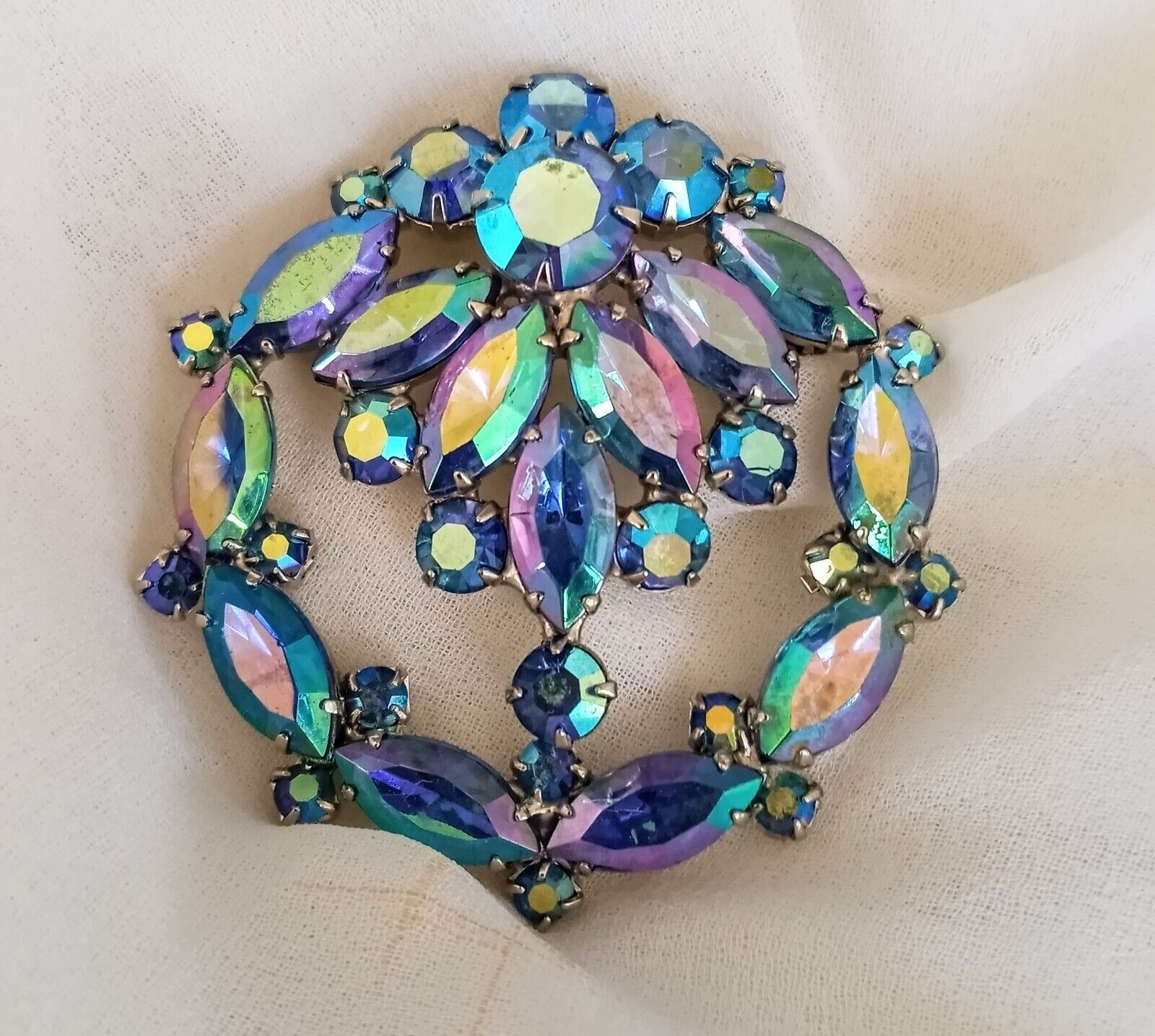 Vintage brooch flower AB faceted blue glass Cryst… - image 5
