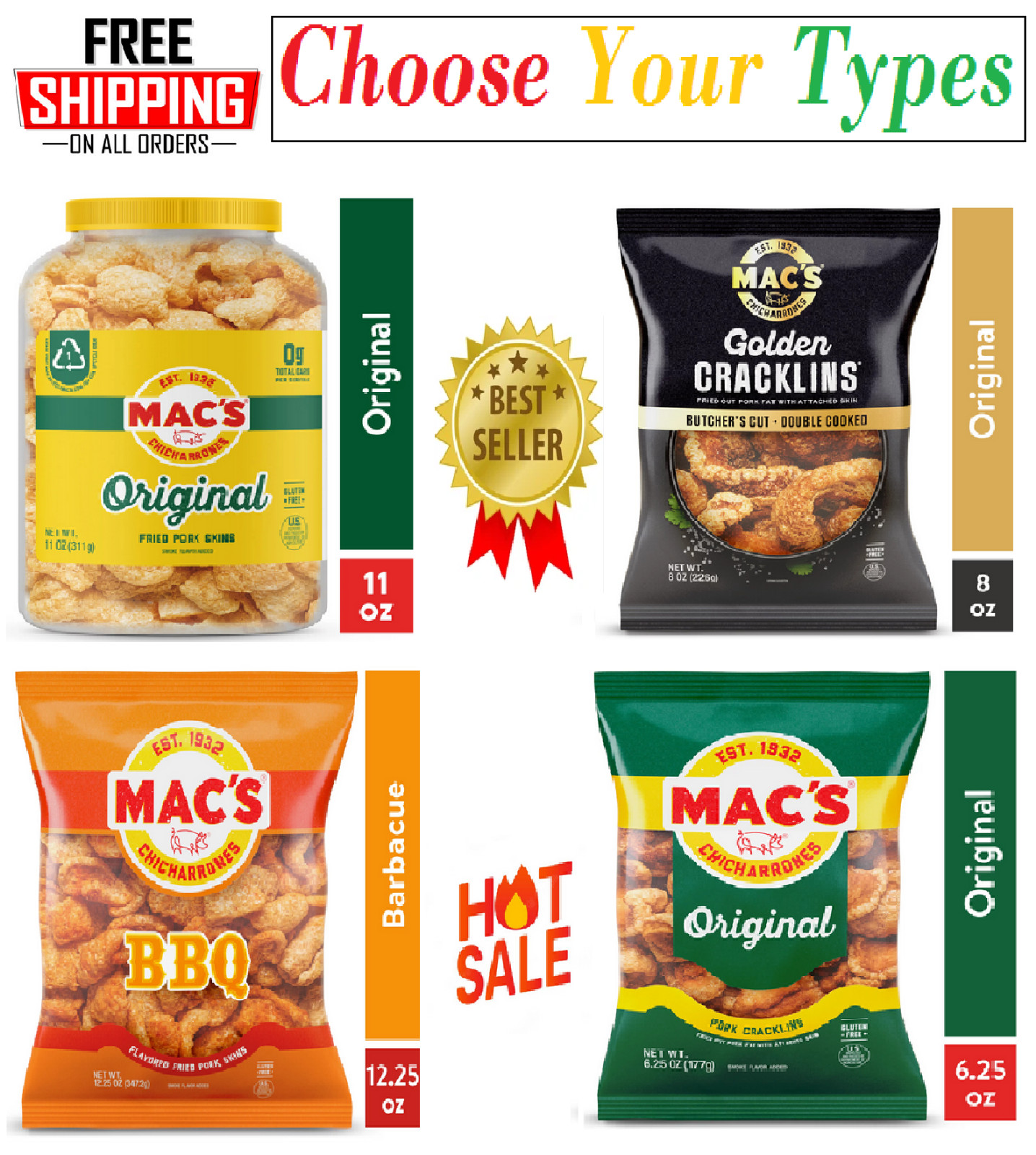 Mac's Original Crispy Fried Pork Skins 11 oz Canister. Choose Your