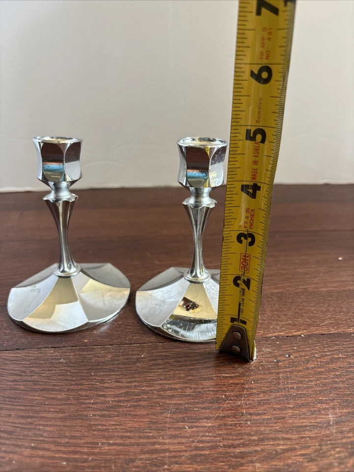 Par de Candelabros IRVINWARE Silvertone Cromo 4.5" Hecho en EE. UU. EN MUY BUENA CONDICIÓN Foto 3 de 4