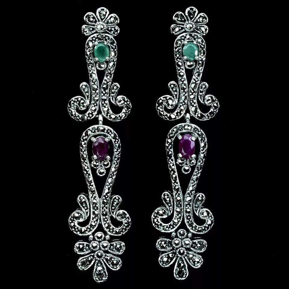 925 Sterling Silver Earrings Oval Ruby Emerald Marcasite Gemstone Jewelry Gift - Image 2 of 4