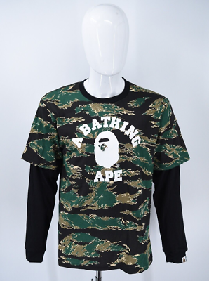 BAPE A Bathing Ape RARE NEW! Tiger Camo College Layered L/S T  