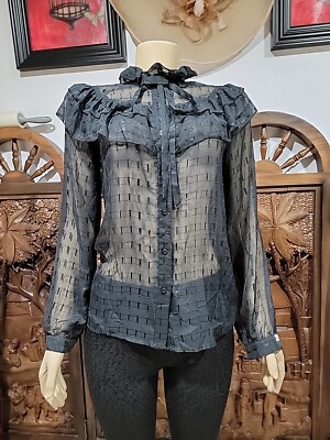 Anne Bruse Of Sweden Size 38/US 6 Sheer Black Ruffled Top Blouse Button Up #C