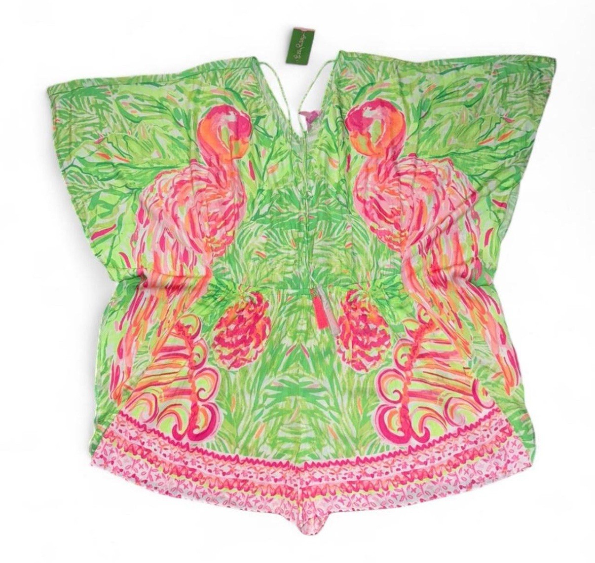 Rare Lilly Pulitzer green and pink flamingo palm print romper size S