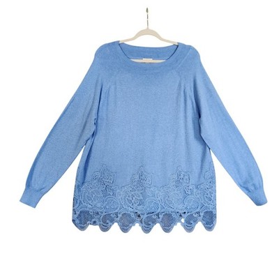 LOGO Lavish by Lori Goldstein Womens Cotton Cashmere Lace Hem Sweater Size Large