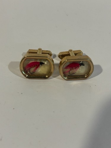 Vintage Swank Gold-Tone Cufflinks with Red Feathered Fly Fishing Lure Inset