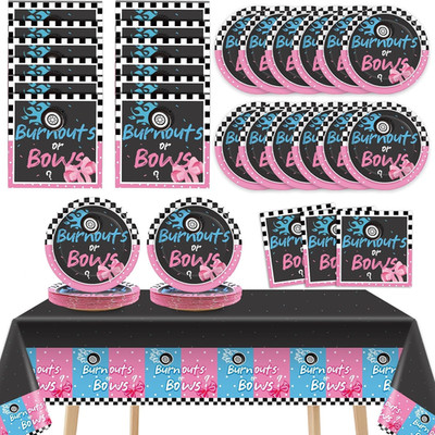 Burnouts or Bows Gender Reveal Party Supplies Serves 24 Baby Boy or Girl Party D