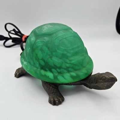 Vtg Tiffany Style Turtle Lamp Brass Cast Iron Green Glass Nightlight Art Nouveau