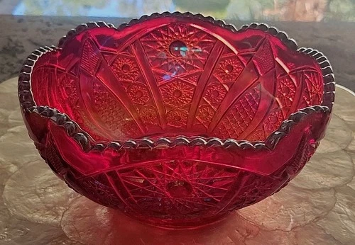 Imperial Glass Ruby Red Carnival Diamond Lace Bowl 8” Vintage Excellent      D5