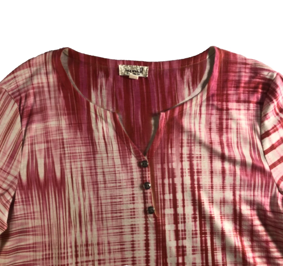 Oneworld Womens Tunic Top Sz S Red Pink Ivory Buttons 3/4 Sleeve Pullover - Image 2 of 4