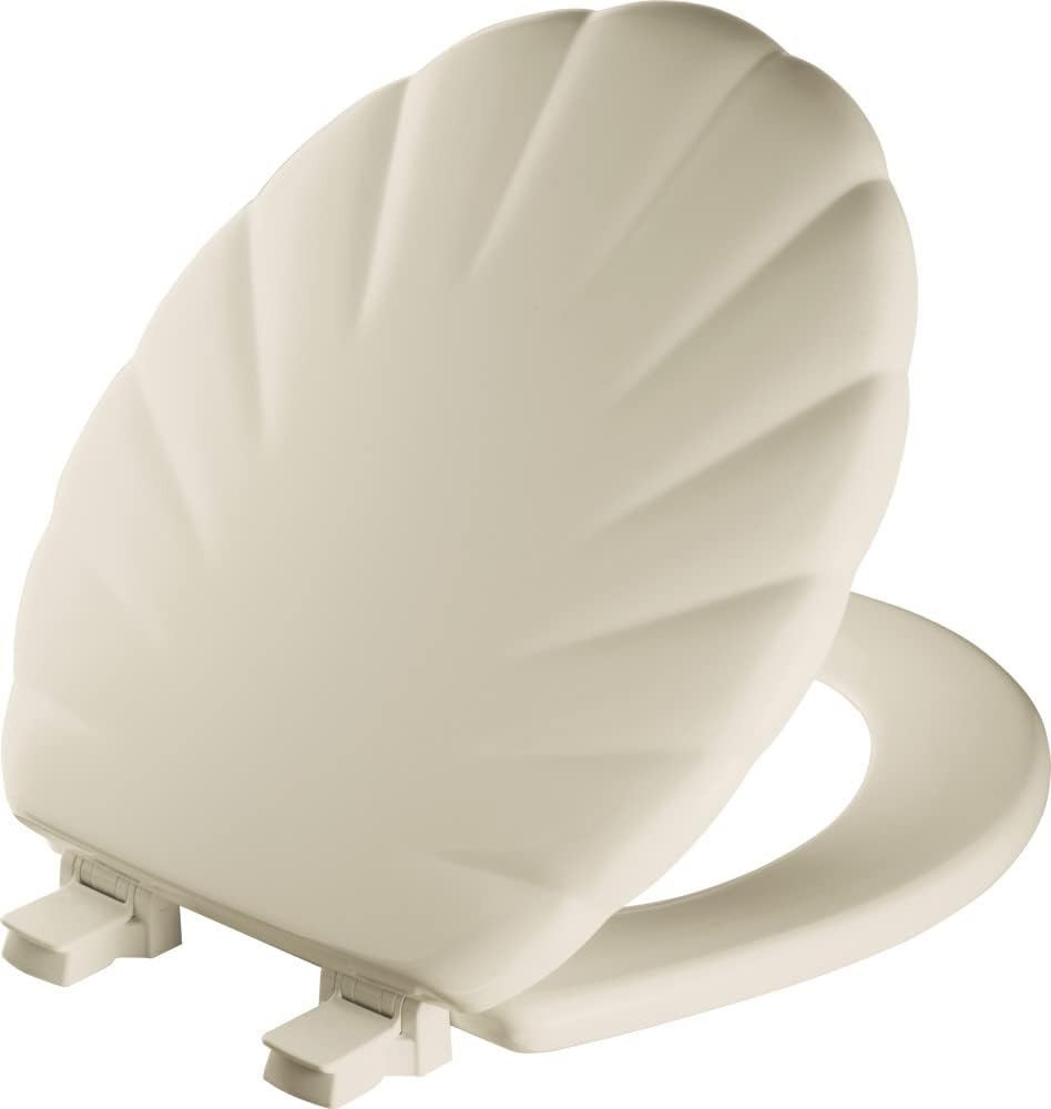 Sculptured Shell Toilet Seat Easy Clean Hinges with Durable Wood Seat, Warm Bone