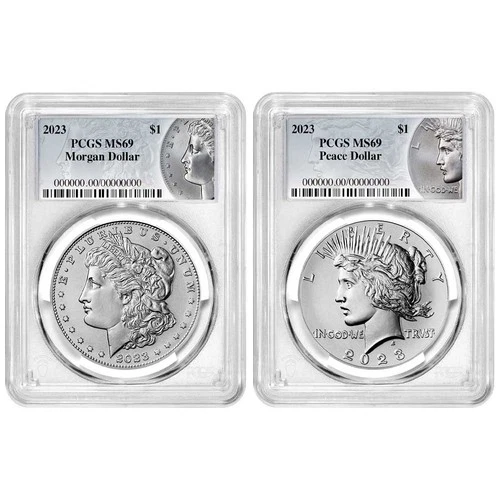 2023 $1 Morgan and Peace Silver Dollar 2pc Set PCGS MS69 Morgan & Peace