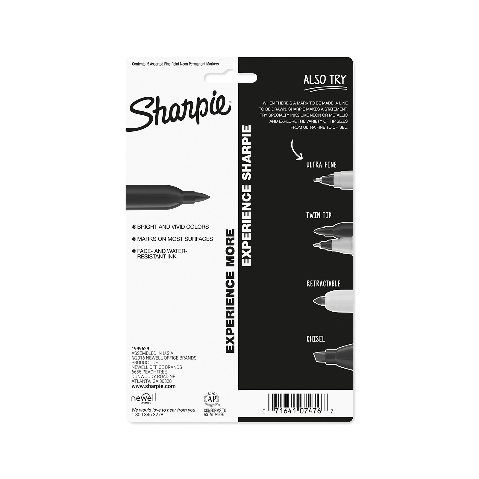 Sharpie 1874447 Neon Permanent Markers, Fine Point, Assorted Colors, 5