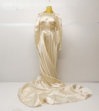 Antique 1920s 30s Liquid Satin Lace Wedding Dress Victorian w/ Train As Is Sz S