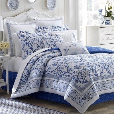 Laura Ashley Charlotte Blue Floral Cotton Queen  Comforter Set 4pc