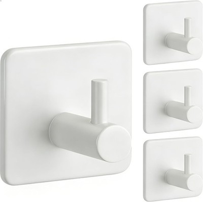 Towel Hooks Self-Adhesive Pack of 4 Wall Hooks White Stainless Steel Adhesive...
