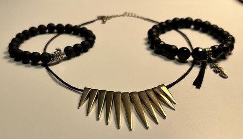 Spike Necklace & Black Lava Stone Bracelets Boho Set 