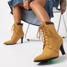 Women High Heel Lace Up Ankle Boots Clubwear Pointed Toe Fabric Party Shoes Lady