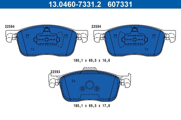 ATE 13.0460-7331.2 Bremsbelagsatz, Scheibenbremse 180,1 Mm 69,5 Mm 16,6 Mm-image