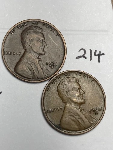 1931-D & 1933-D LINCOLN WHEAT CENT SET, 2 coins, low mintage dates "fine" #214
