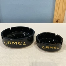 Vintage Camel Cigarettes Round Black Glass ARC Ashtray Set Of 2 - 5.75 & 4 Inch