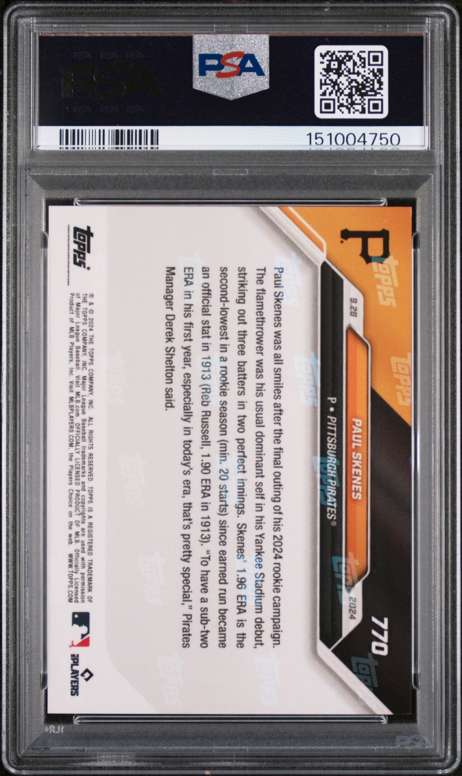 2024 TOPPS NOW #770 PAUL SKENES ROOKIE RC PSA 10 view 2