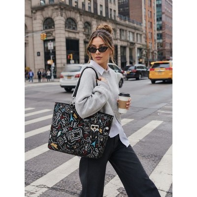NWT Karl Lagerfeld Paris Adele Graffiti Tote Bag Black Multicolor w. Coin Purse