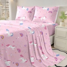 Kids Unicorn Sheets Twin, 3 Pieces Pink Rainbow Unicorn Girls Twin Sheet Set,...