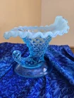 Fenton Blue Opalescent Hobnail Glass Cornucopia Candle  Holder Vase Vtg Used