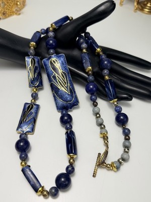 Unique Artisan Lapis Lazuli Beaded Necklace Enamel Panels Toggle Clasp