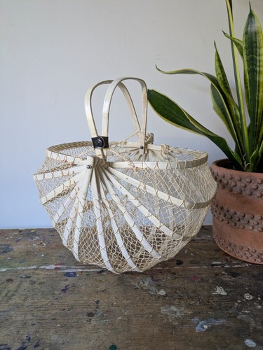 Vintage französischer klappbarer Bugholz Netzkorb Retro Handtasche weiß 50er selten alt - Bild 1 von 9