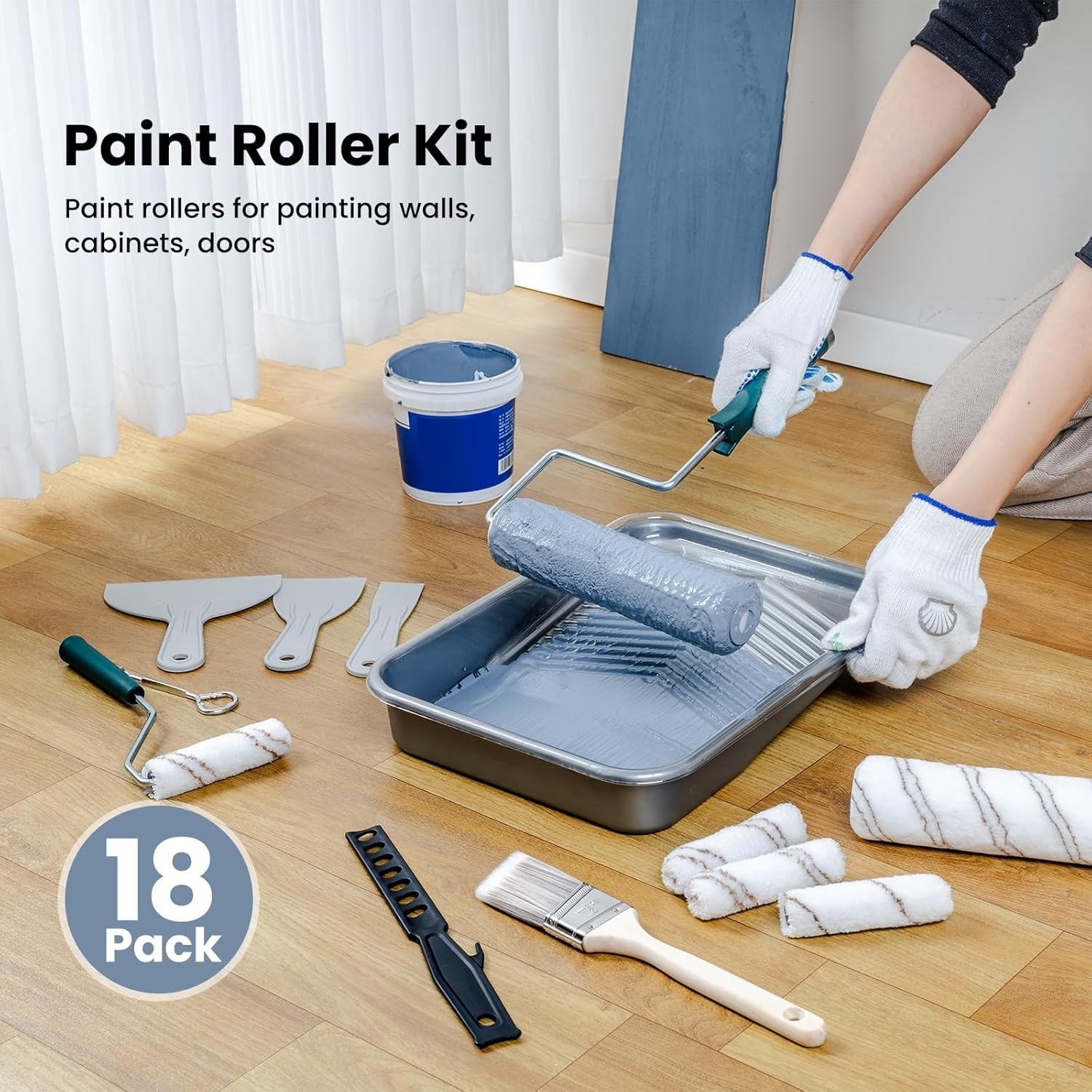 Mister Rui 18 Pack Professional Paint Roller Kit with Tray and Brush