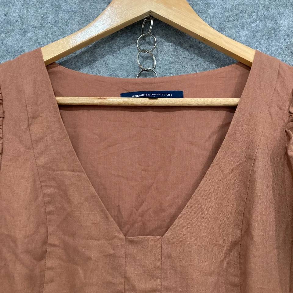 Vestido French Connection para mujer talla 10 marrón manga corta cuello en V bolsillos lino Foto 3 de 4