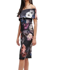 Asos Classic Floral Pencil Dress Size 4 Deep Fold Off Shoulder Floral Graphic