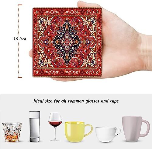 Coasters for Drinks Set of 6, Tribal Turkish Geometric Pattern Absorbent Red - Picture 2 of 6